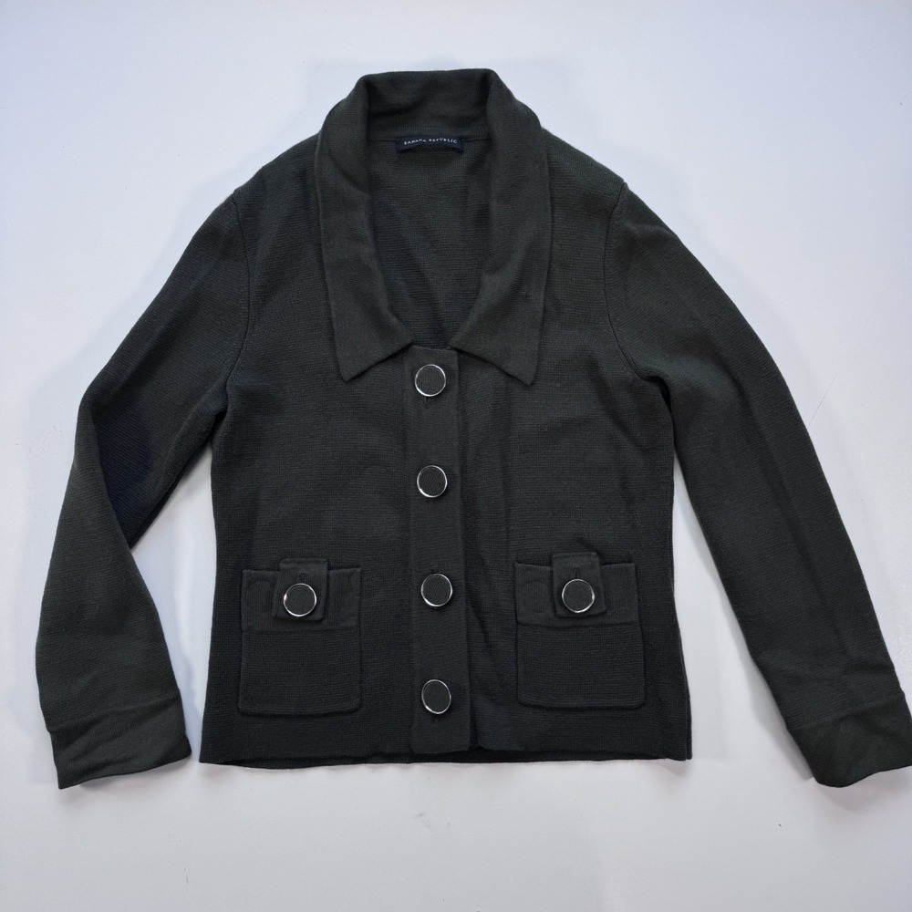 BANANA REPUBLIC Wool & Silk Cardigan Sweater Womens XS Green Pockets Buttons
